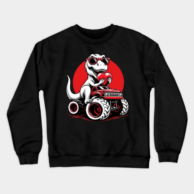 Valentines Day T Rex Riding Monster Truck Funny Toddler Boy Crewneck Sweatshirt by starryskin